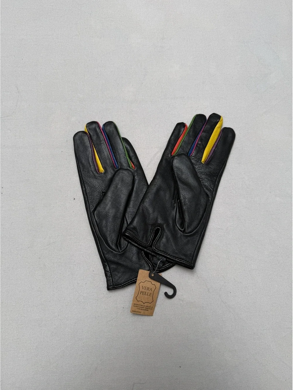 Vera Pelle Black Womens Leather Gloves Rainbow Fingers- XL